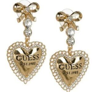 GUESS Logo Gold-tone Crystal Bow &  Heart Drop Earrings NWT🆕⌚📦🏃💨🚚